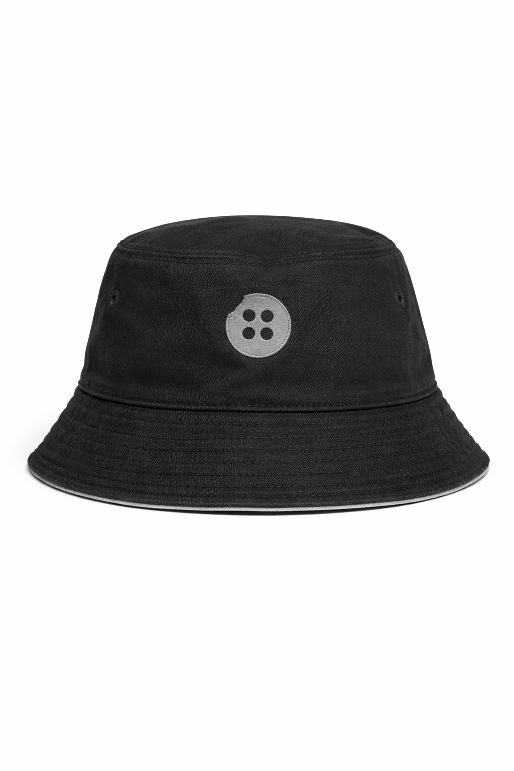 Black bucket hat with a gray logo on a white background