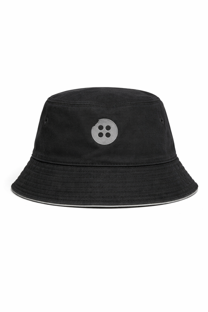 Black bucket hat with a gray logo on a white background