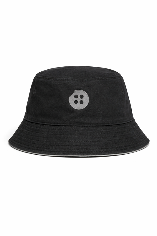 Black bucket hat with a gray logo on a white background