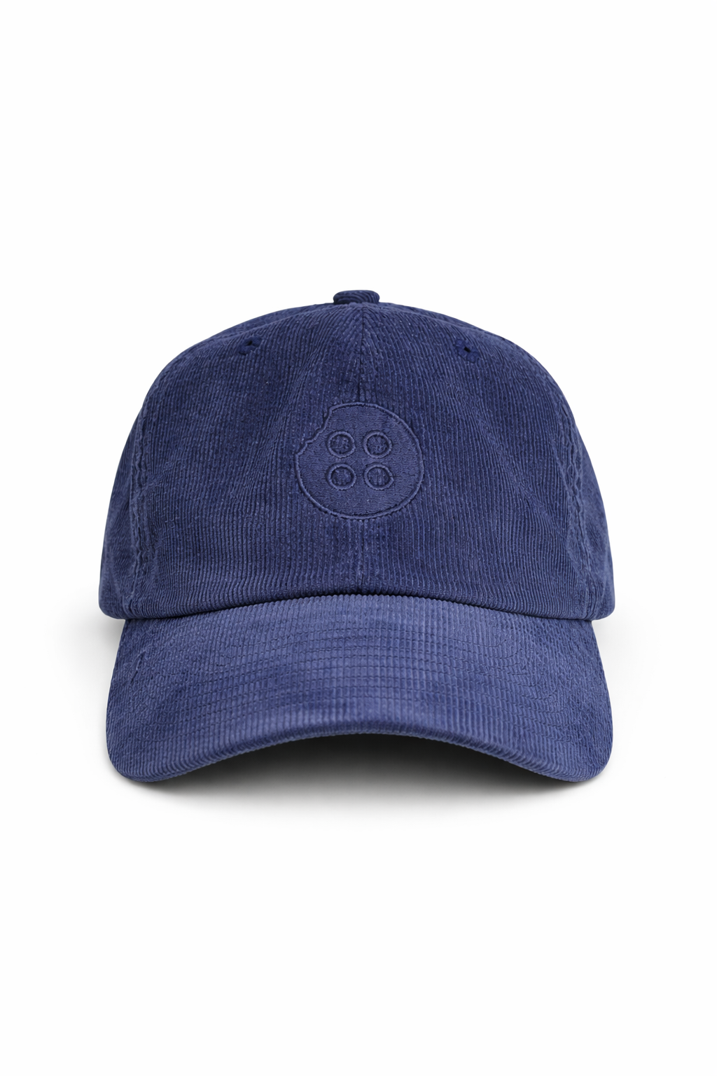 Navy corduroy cap with embroidered Factory Coffee button logo on studio white background