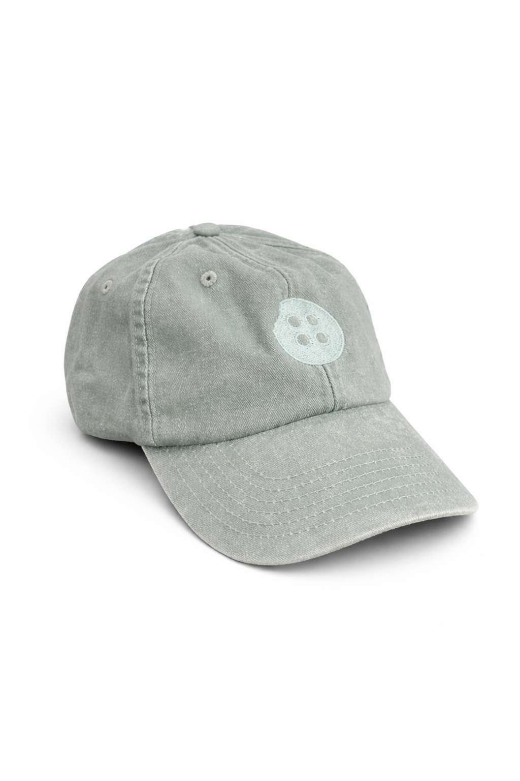 Gray baseball cap with a logo on a white background